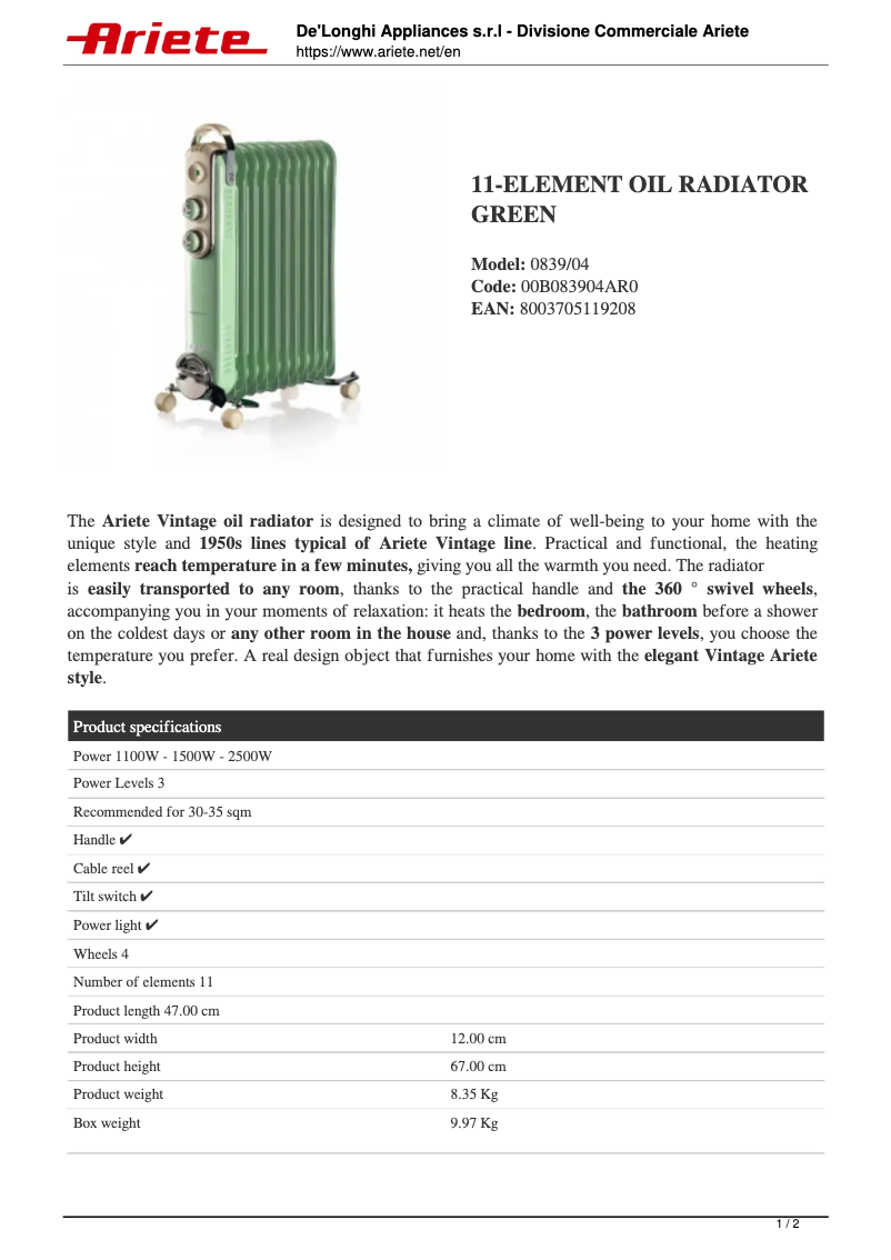 Page 1 de la notice Fiche technique Ariete 0839