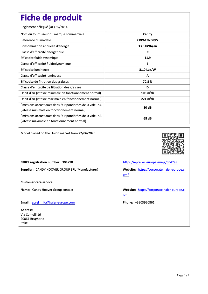 Page n°1 - Manuel utilisateur Candy CBP613NGR/S
