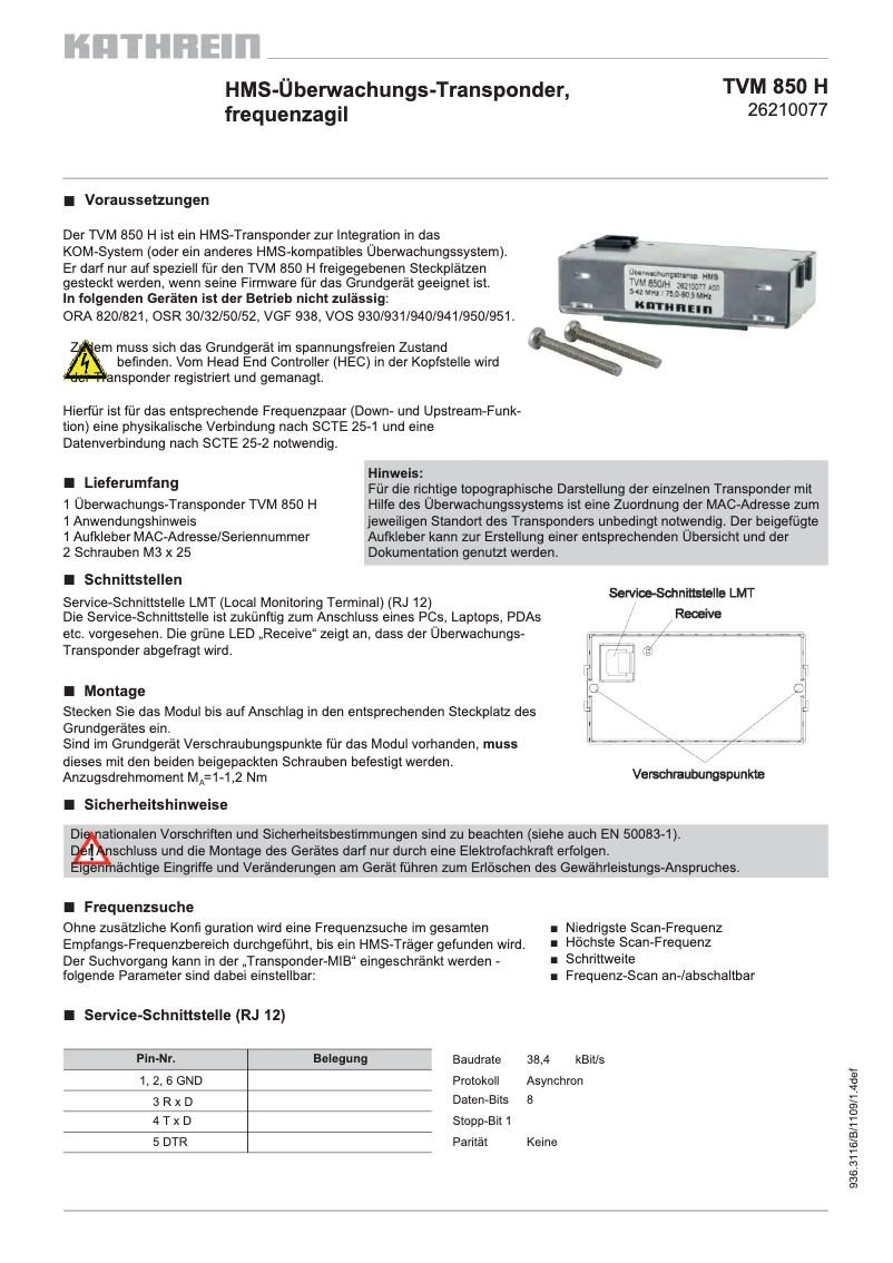 Page 1 de la notice Fiche technique Kathrein TVM 850/H