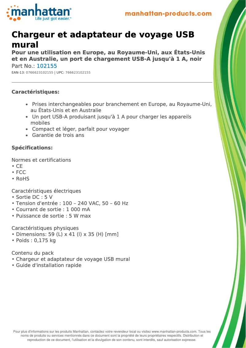 Page 1 de la notice Fiche technique Manhattan 102155