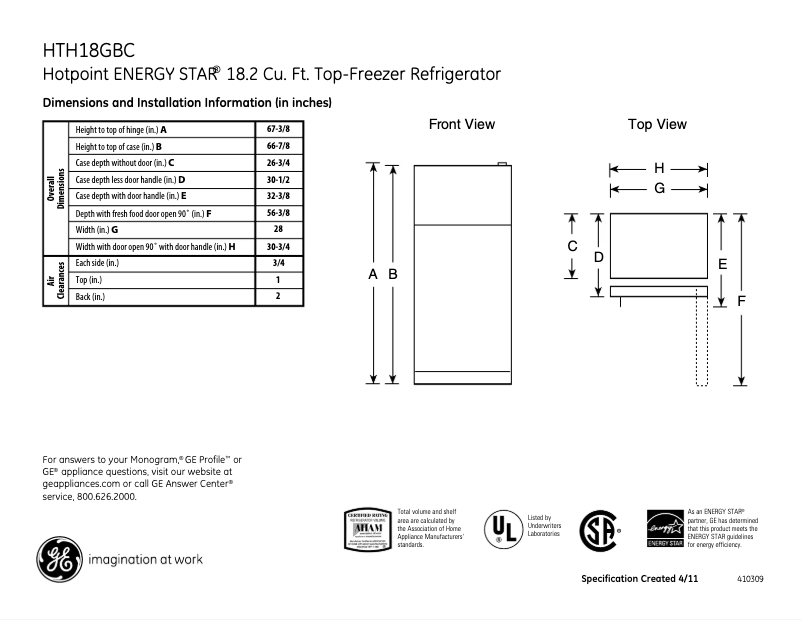 Page 1 de la notice Fiche technique Hotpoint HTH18GBCWW