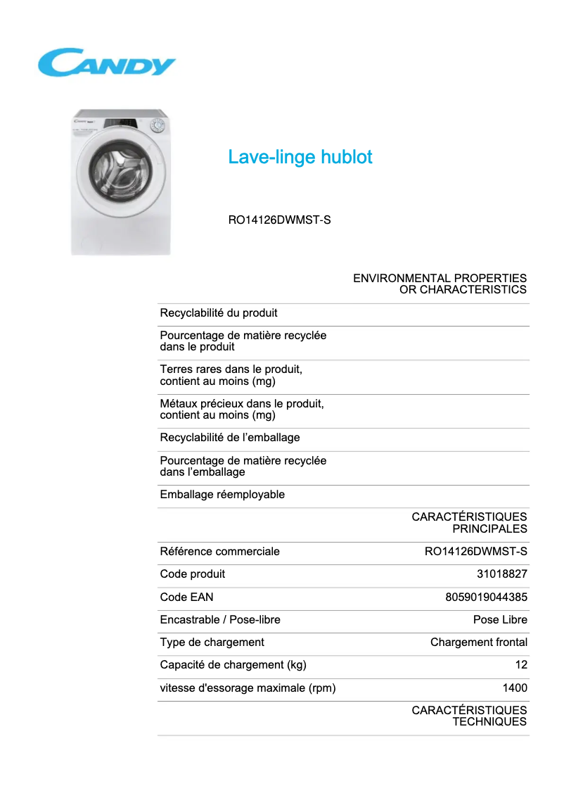 Page 1 de la notice Fiche technique Candy RO14126DWMST-S