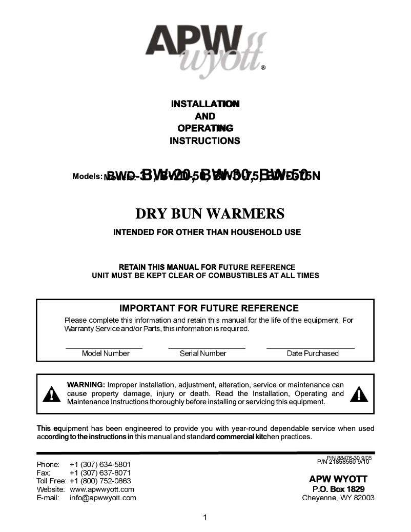 Page 1 de la notice Manuel utilisateur APW Wyott BWD-75
