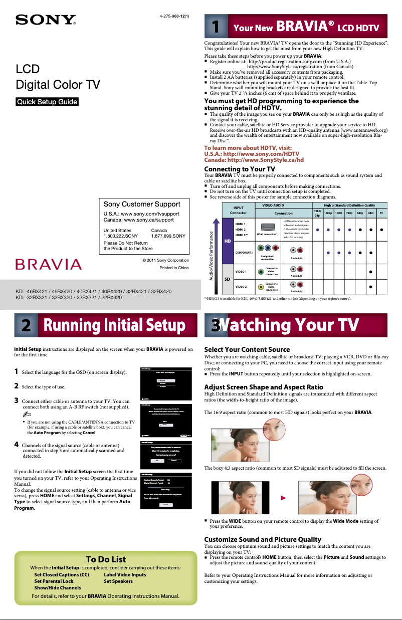 Page n°1 - Guide d'installation Sony Bravia KDL-46BX421