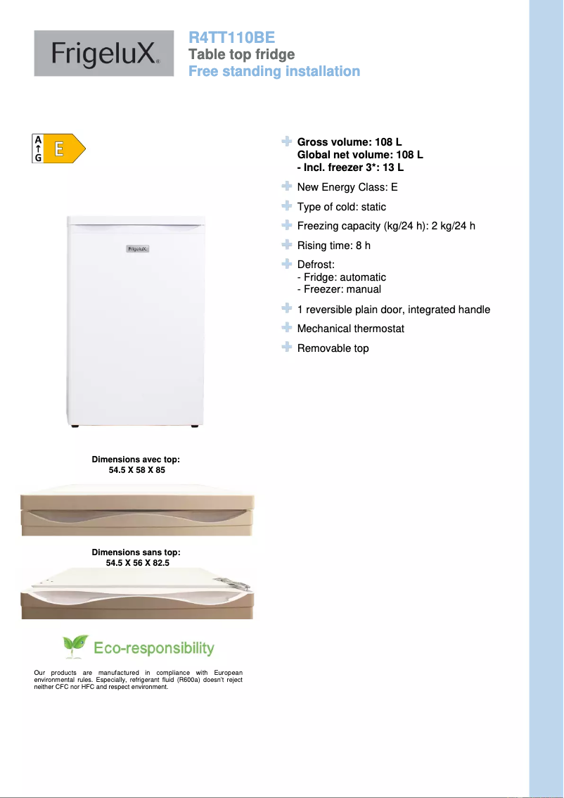Page 1 de la notice Fiche technique FrigeluX R4TT110BE