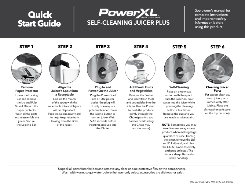 Page n°1 - Guide de démarrage rapide PowerXL Self-Cleaning Juicer Plus SHL90-SC