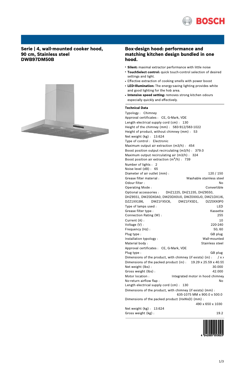 Página 1 del manual Ficha técnica Bosch DWB97DM50B