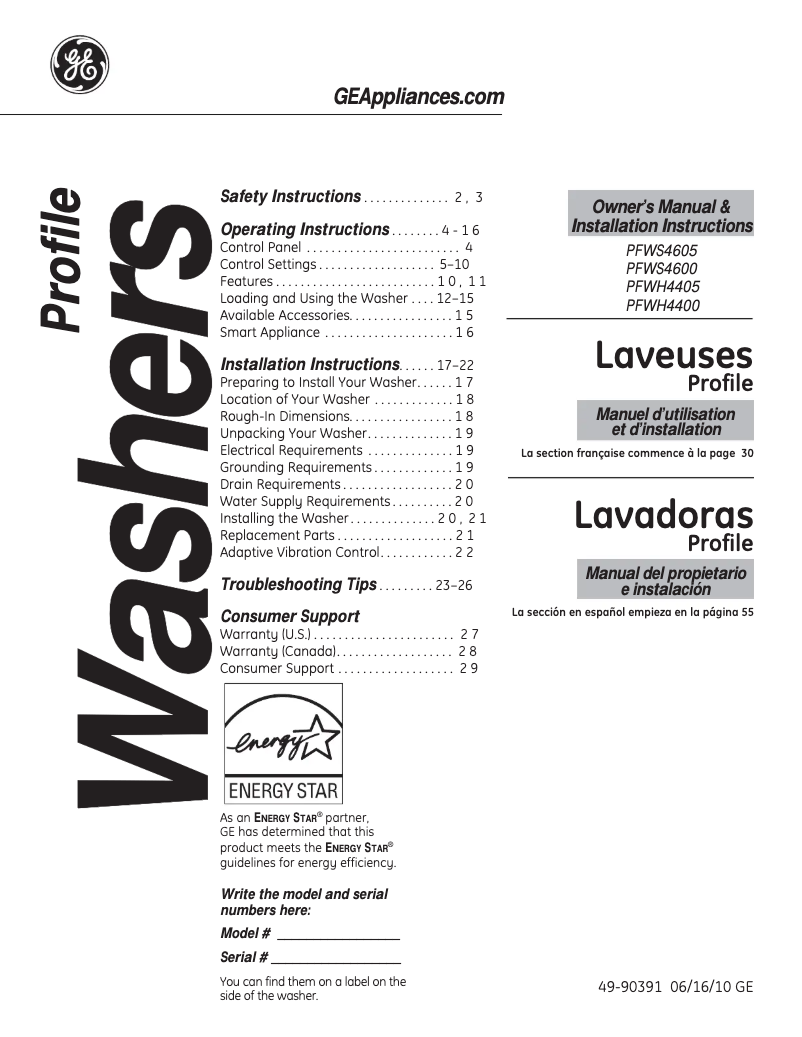 Page n°1 - Manuel utilisateur GE PFWS4605LMG