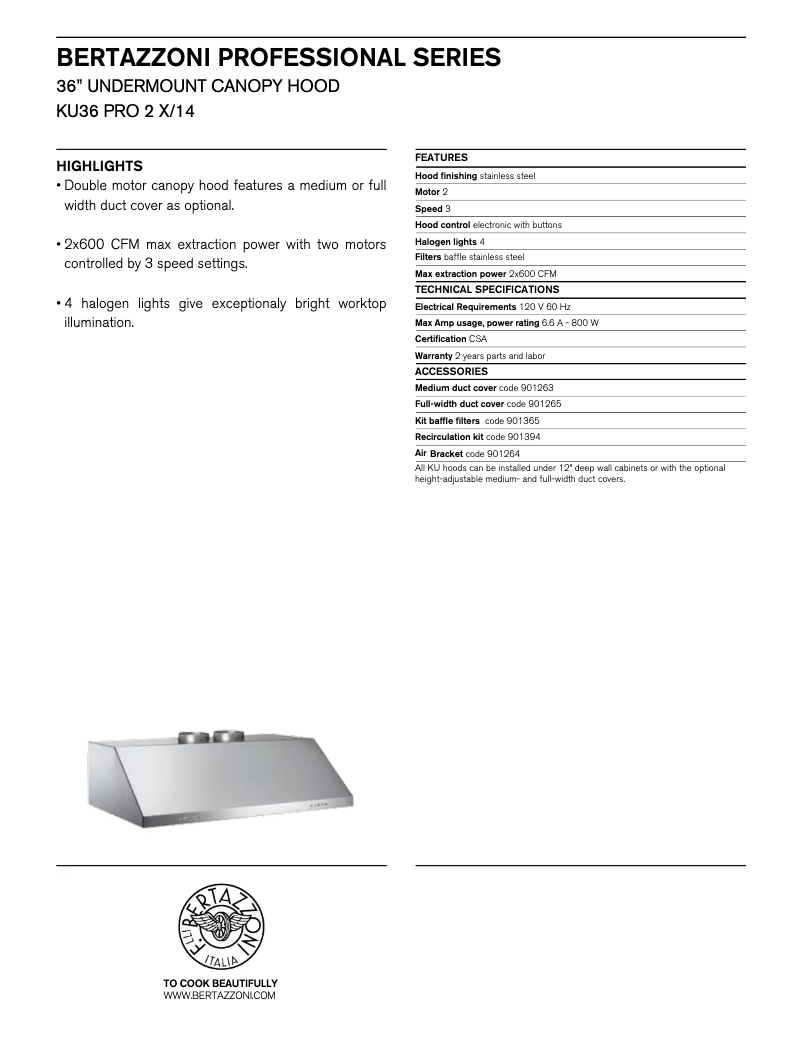 Página 1 del manual Ficha técnica Bertazzoni KU36PRO2X14