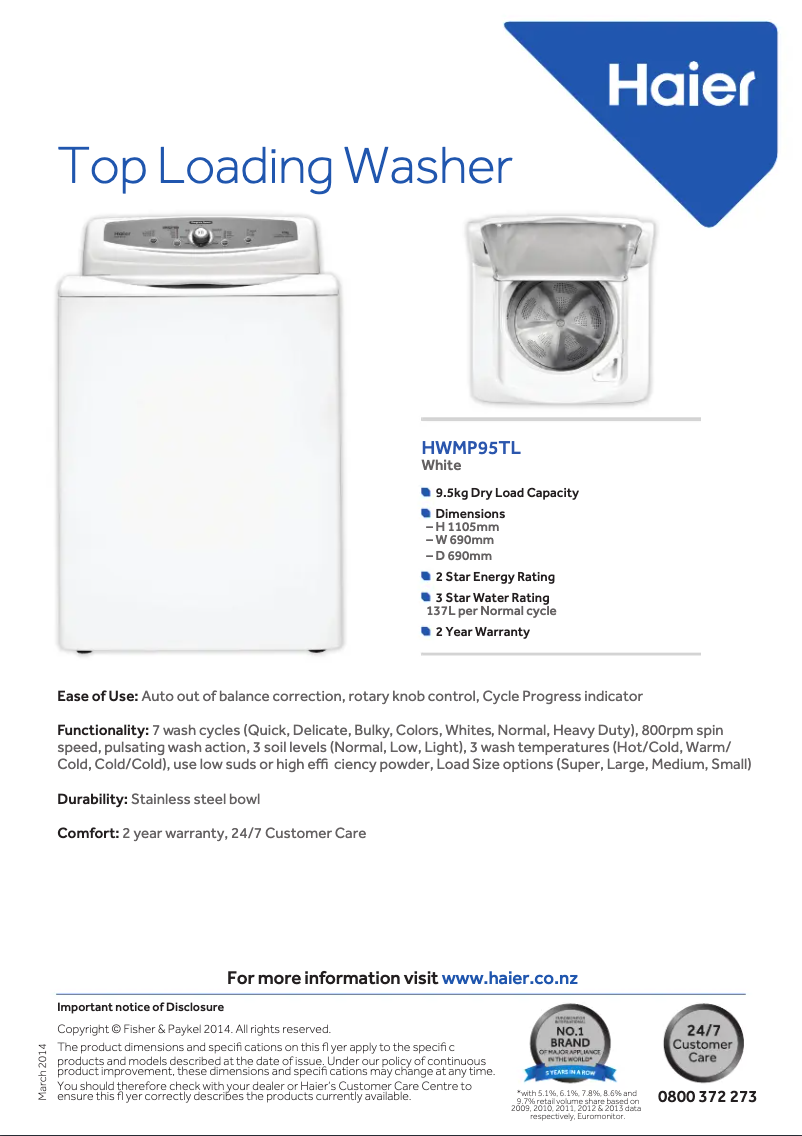 Page 1 de la notice Fiche technique Haier HWMP95TL