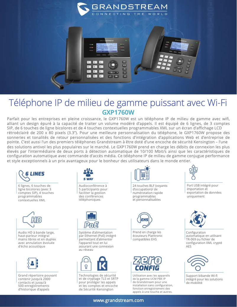 Page 1 de la notice Fiche technique Grandstream GXP1760W