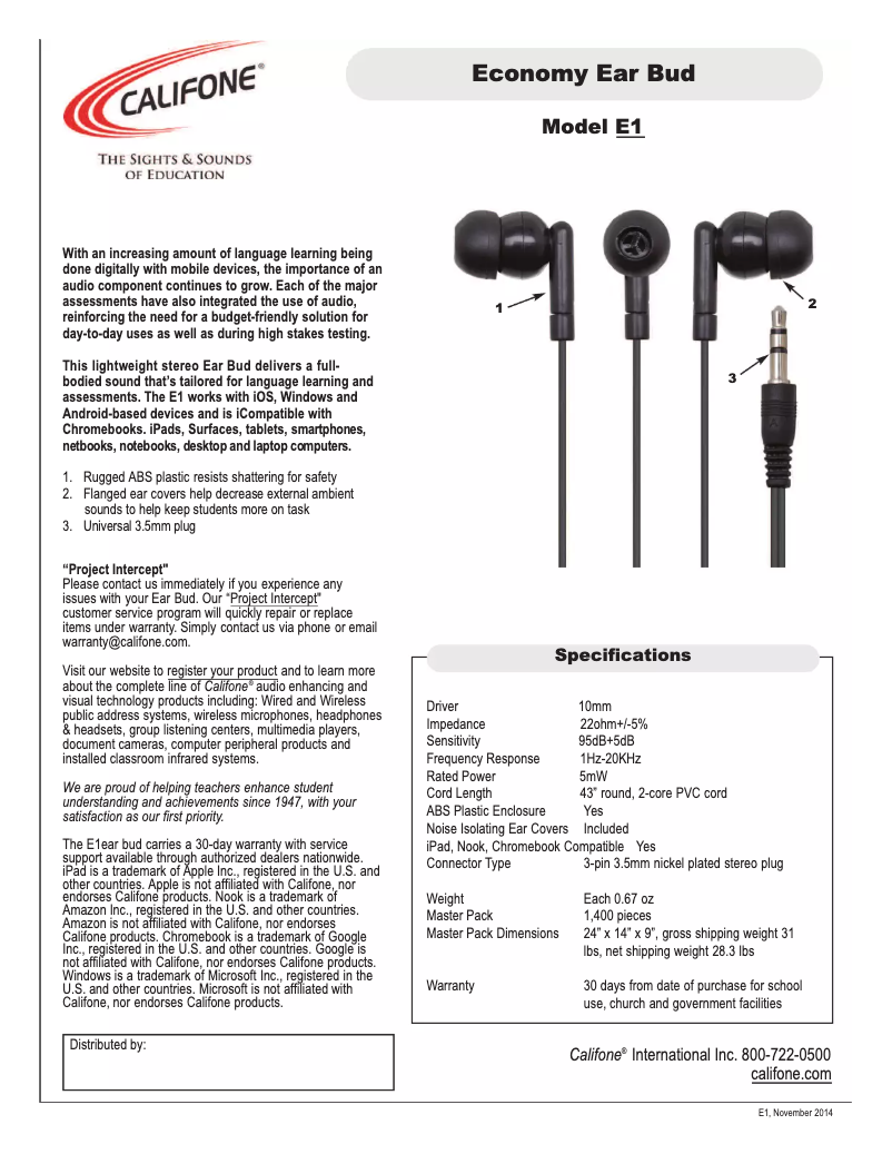 Page 1 de la notice Manuel utilisateur Califone E1