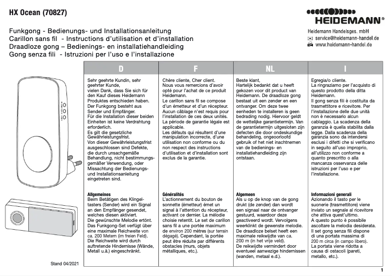 Page 1 de la notice Manuel utilisateur Heidemann HX Ocean 70827