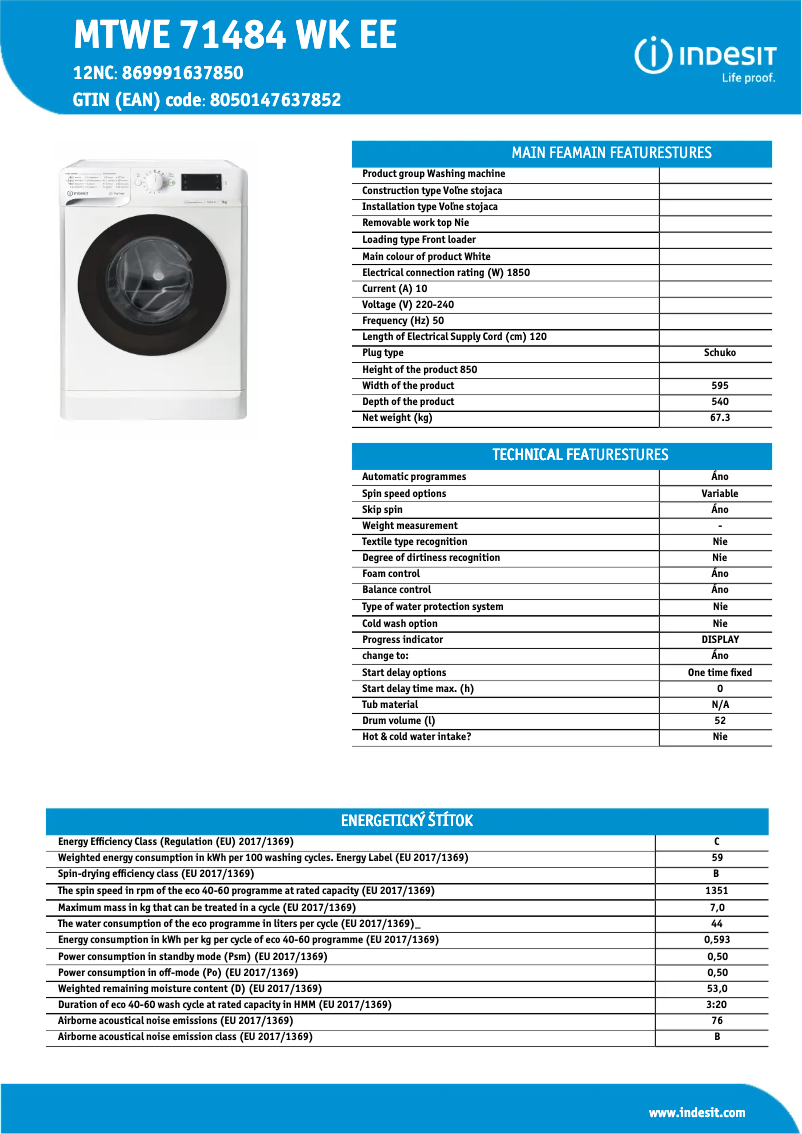 Page n°1 - Fiche technique Indesit MTWE 71484 WK EE