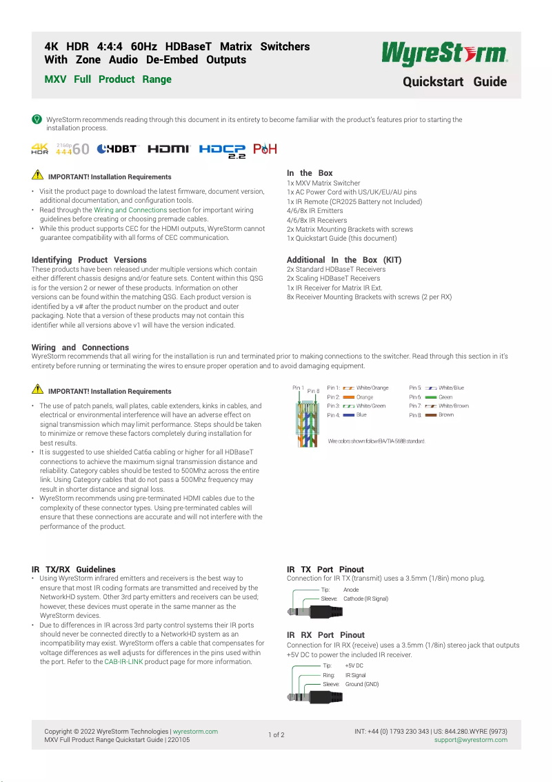 Page 1 de la notice Manuel utilisateur WyreStorm MXV-0808-H2L