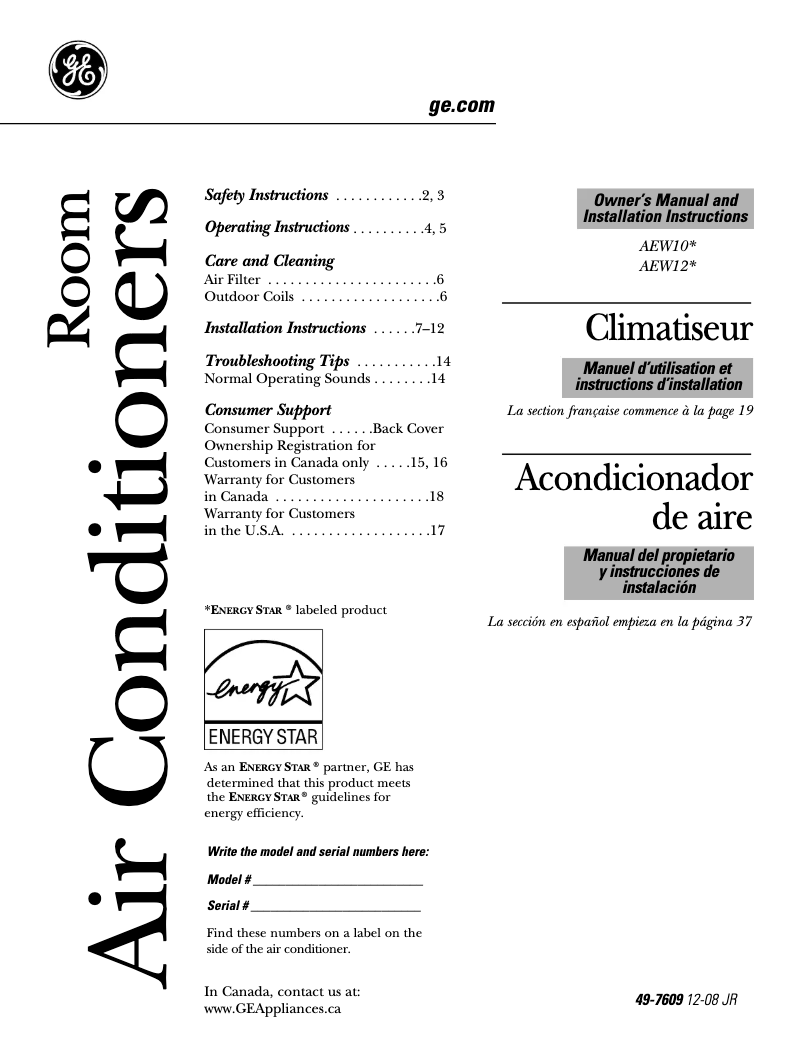 Page n°1 - Manuel d'utilisation et d'entretien GE AEW12AM