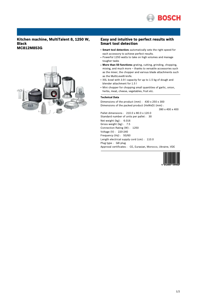 Page n°1 - Fiche technique Bosch MC812M853G