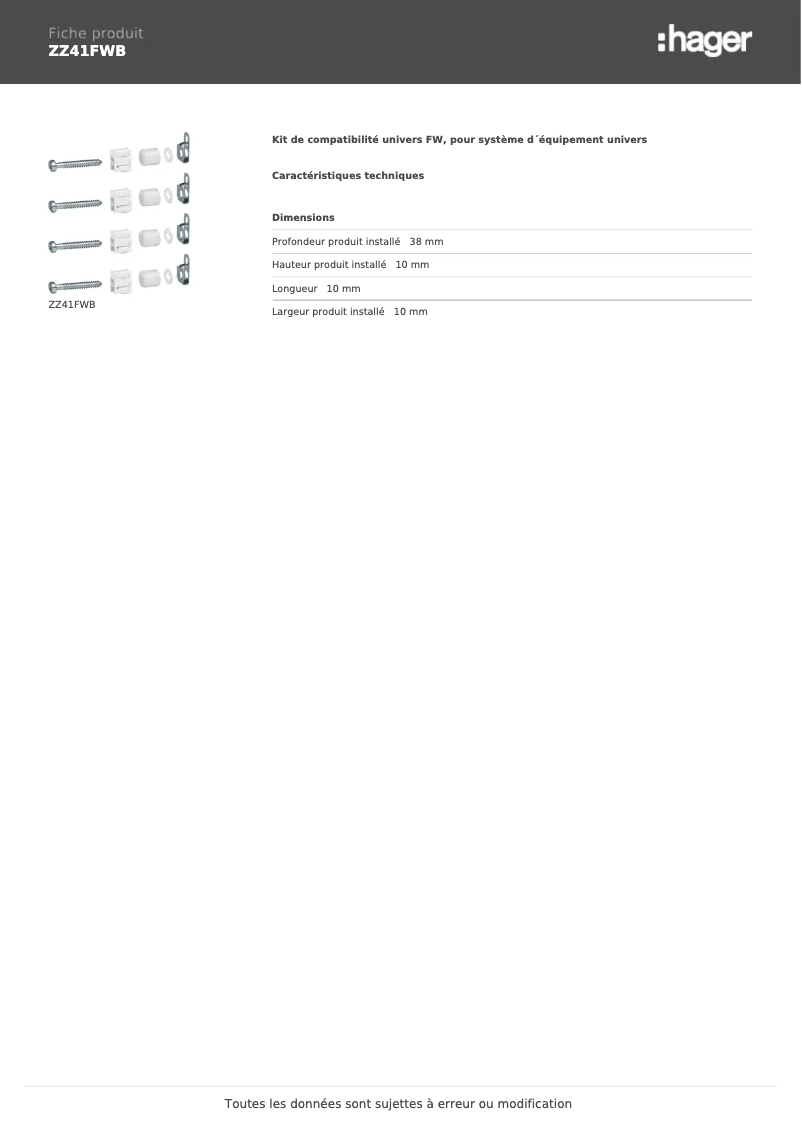 Page 1 de la notice Fiche technique Hager ZZ41FWB