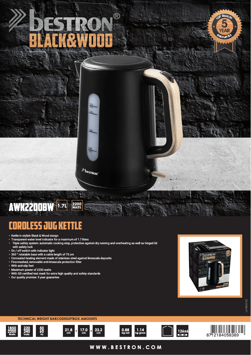 Page 1 de la notice Fiche technique Bestron AWK2200BW