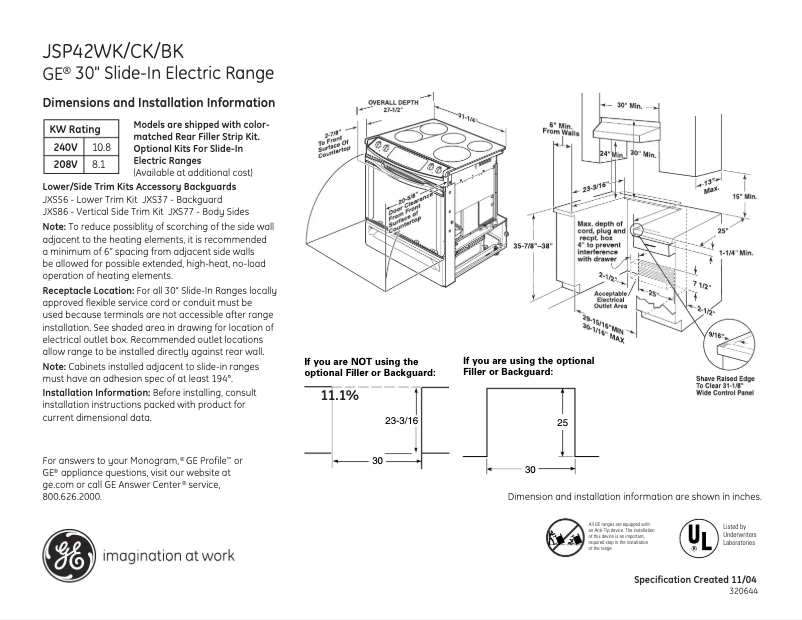 Page 1 of the manual Technical Sheet GE JSP42WKWW