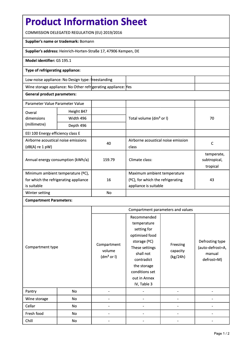 Page 1 de la notice Fiche technique Bomann GS 195.1