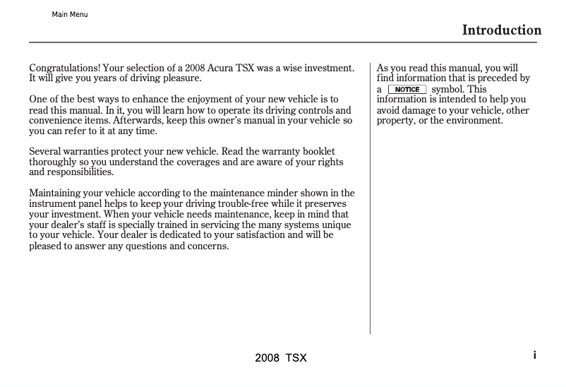 Page 1 de la notice Manuel utilisateur Acura TSX (2008)