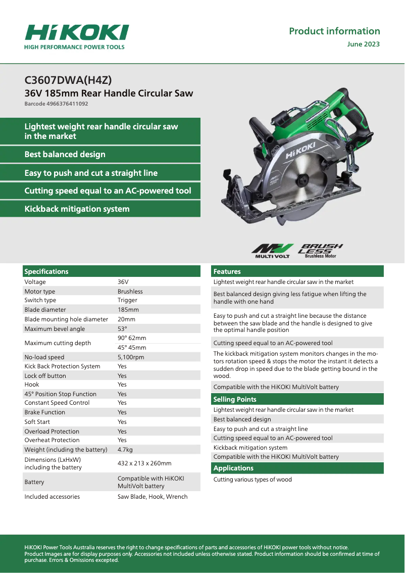 Page n°1 - Fiche technique HiKOKI C3607DWA