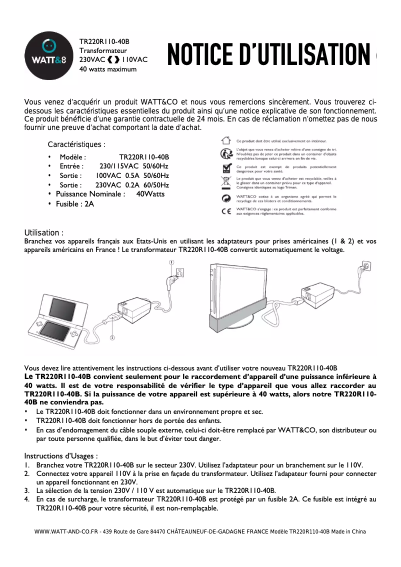 Page 1 de la notice Manuel utilisateur WATT&CO TR220R110-40B