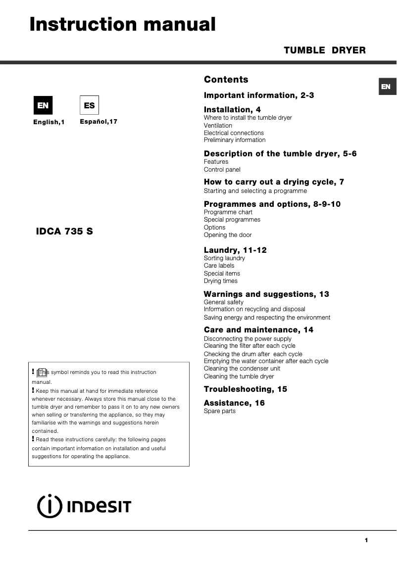 Page 1 de la notice Manuel utilisateur Indesit IDCA 735 S (EU)