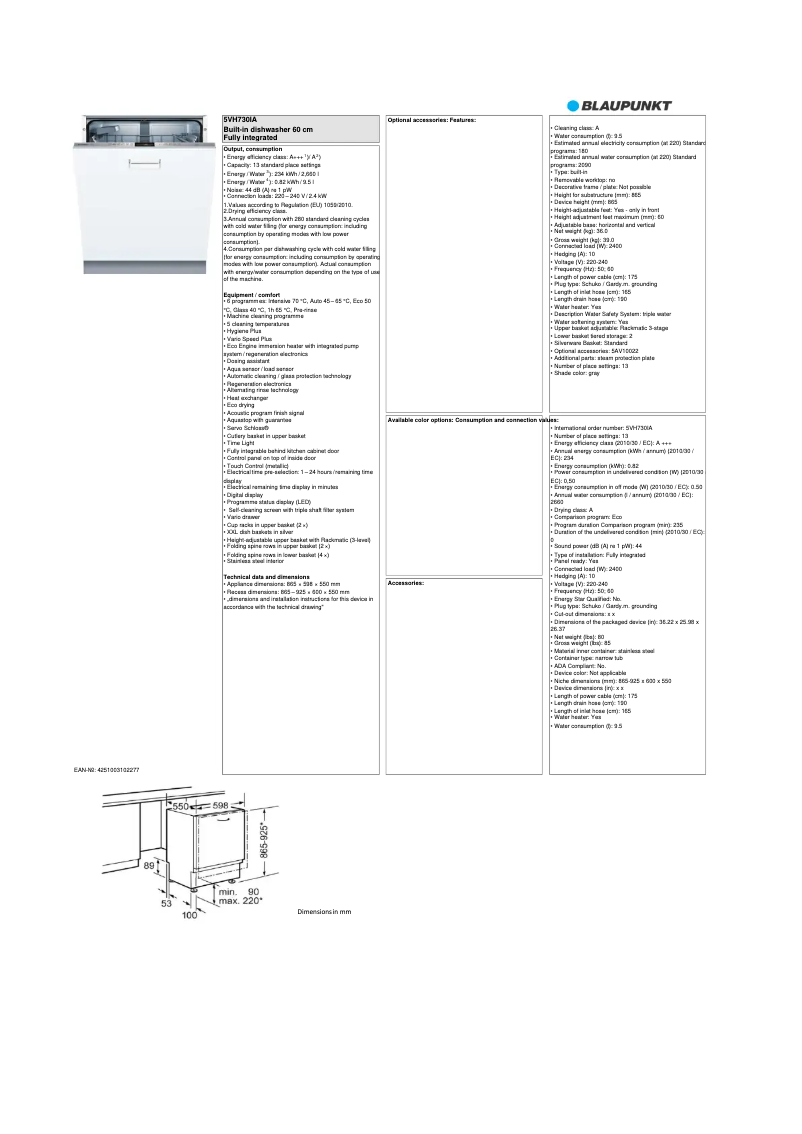 Page n°1 - Fiche technique Blaupunkt 5VH 703NP