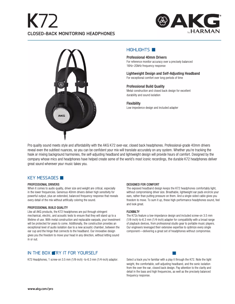 Page n°1 - Fiche technique AKG K72