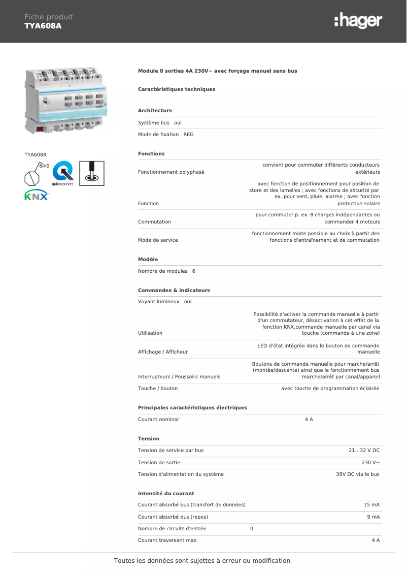 Page n°1 - Fiche technique Hager TYA608A