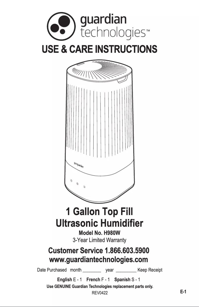 Page n°1 - Manuel utilisateur PureGuardian H980W