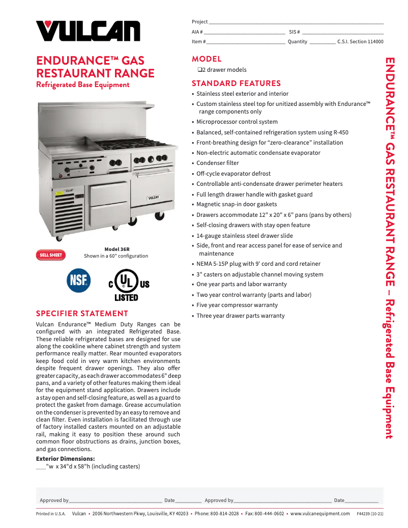 Page 1 de la notice Fiche technique Vulcan 36R-6B