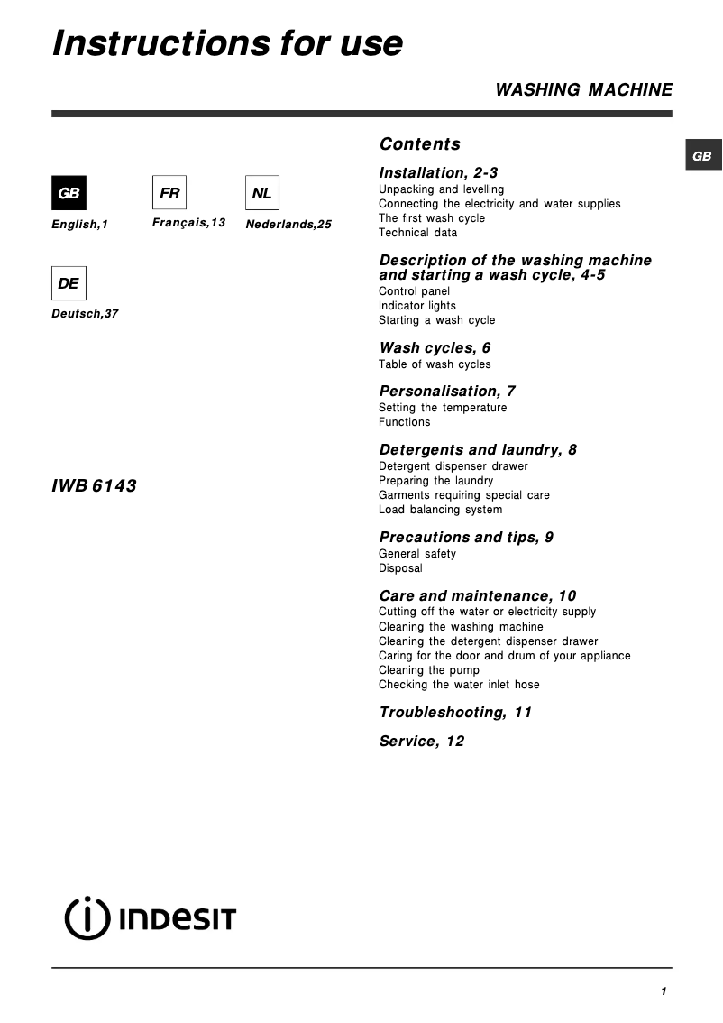 Page n°1 - Manuel utilisateur Indesit IWB 6143