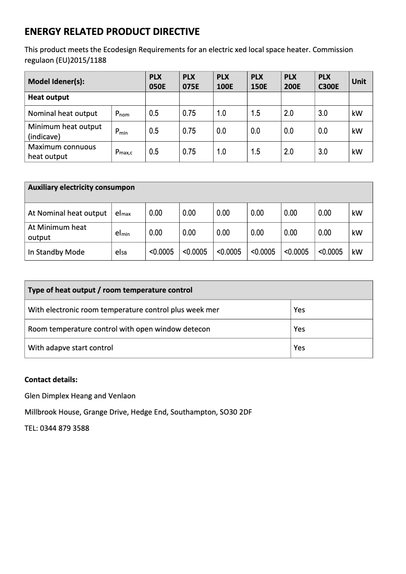 Page 1 de la notice Fiche technique Dimplex PLX050E