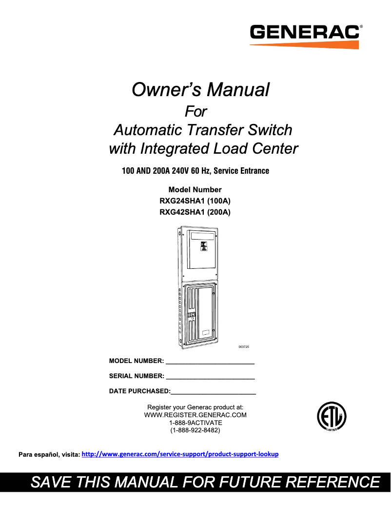 Page n°1 - Manuel utilisateur Generac RXG24SHA1