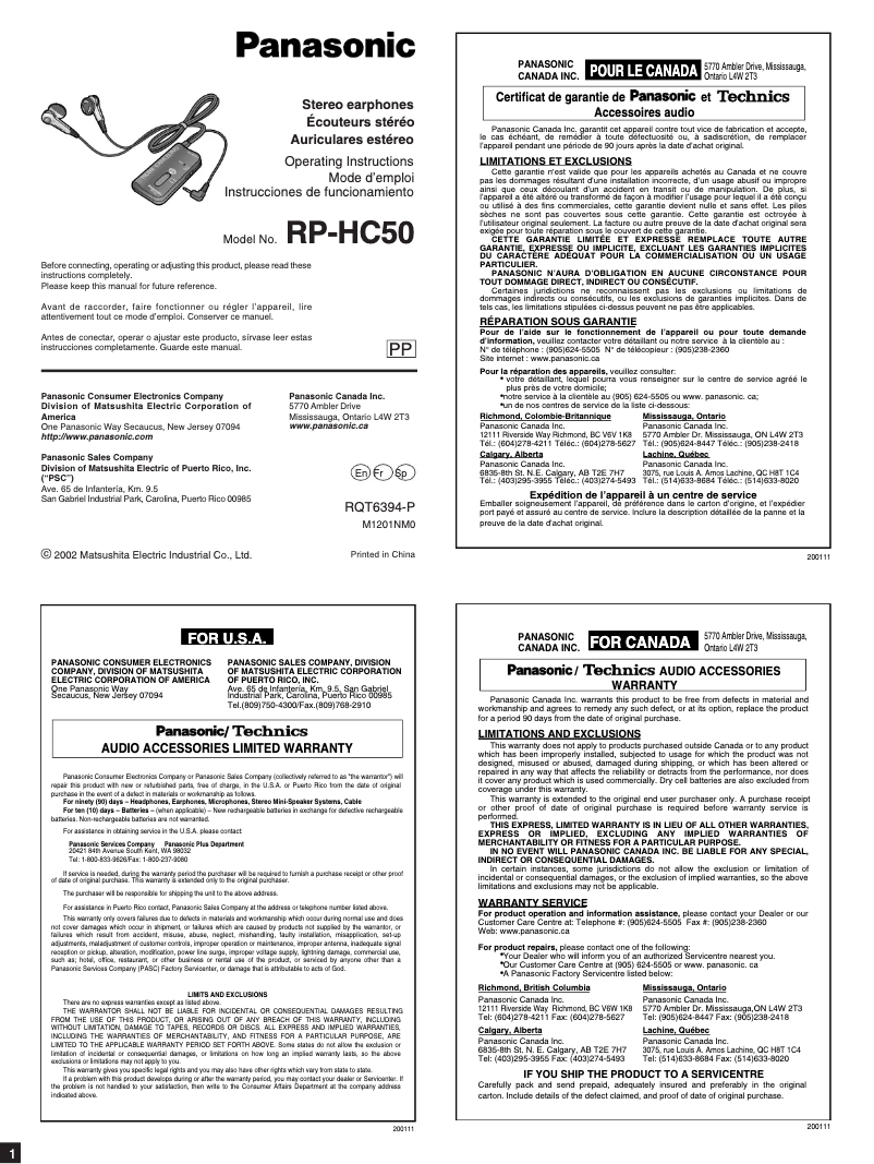 Page 1 de la notice Manuel utilisateur Panasonic RP-HC50
