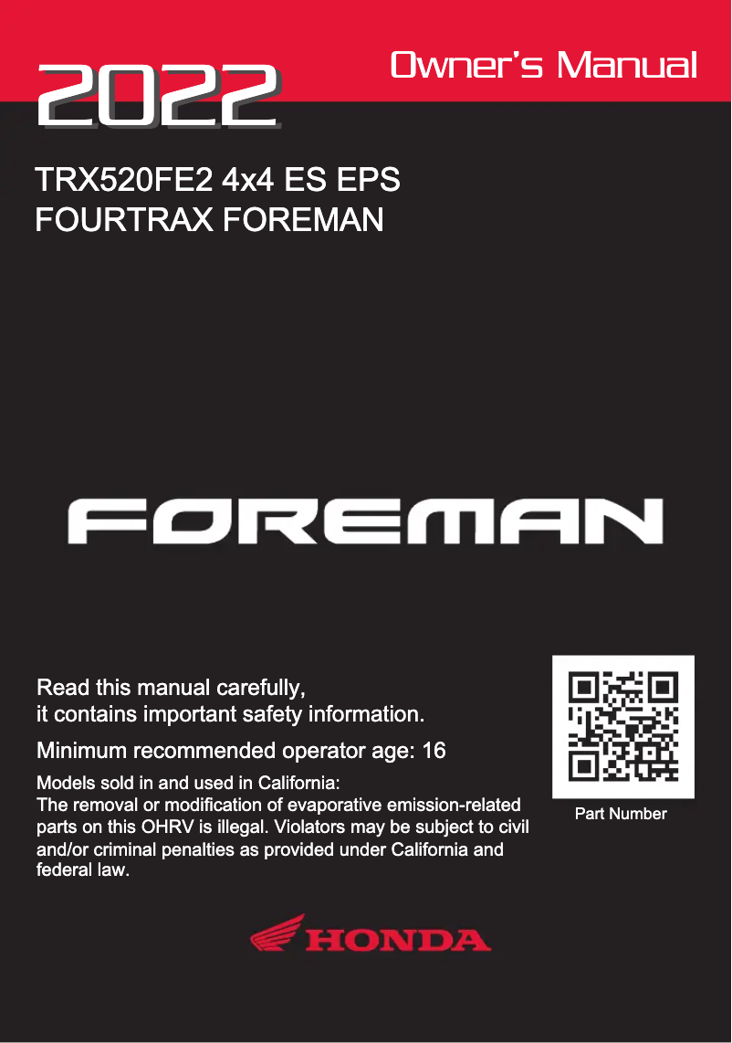 Page 1 de la notice Manuel utilisateur Honda FourTrax Foreman TRX520FM (2022)