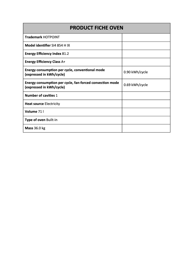 Página 1 del manual Ficha técnica Hotpoint SI4 854 H IX