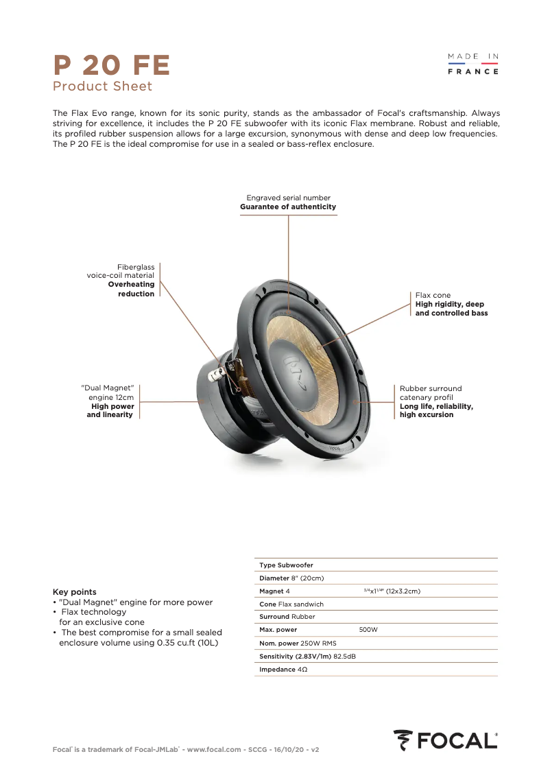 Page 1 de la notice Fiche technique Focal P 20 FE