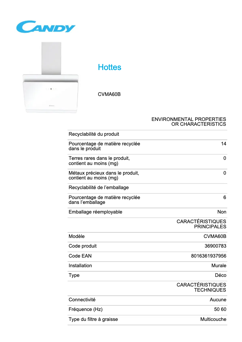 Page n°1 - Fiche technique Candy CVMA60B