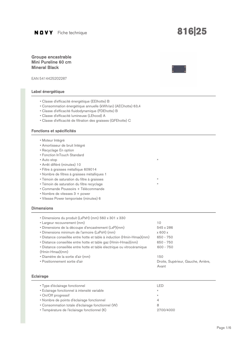 Page 1 de la notice Fiche technique Novy Pure'line Mini 816