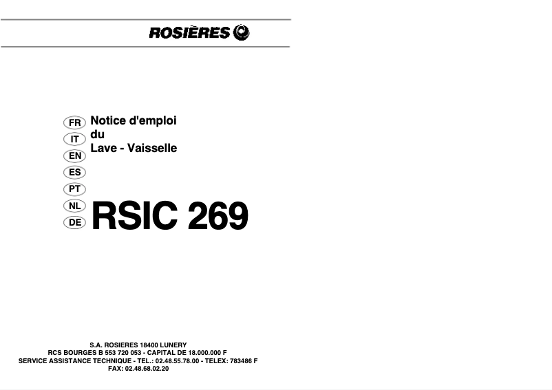 Page n°1 - Manuel utilisateur Rosieres RSI 269 RB