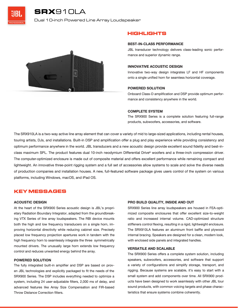 Page 1 de la notice Fiche technique JBL SRX910LA
