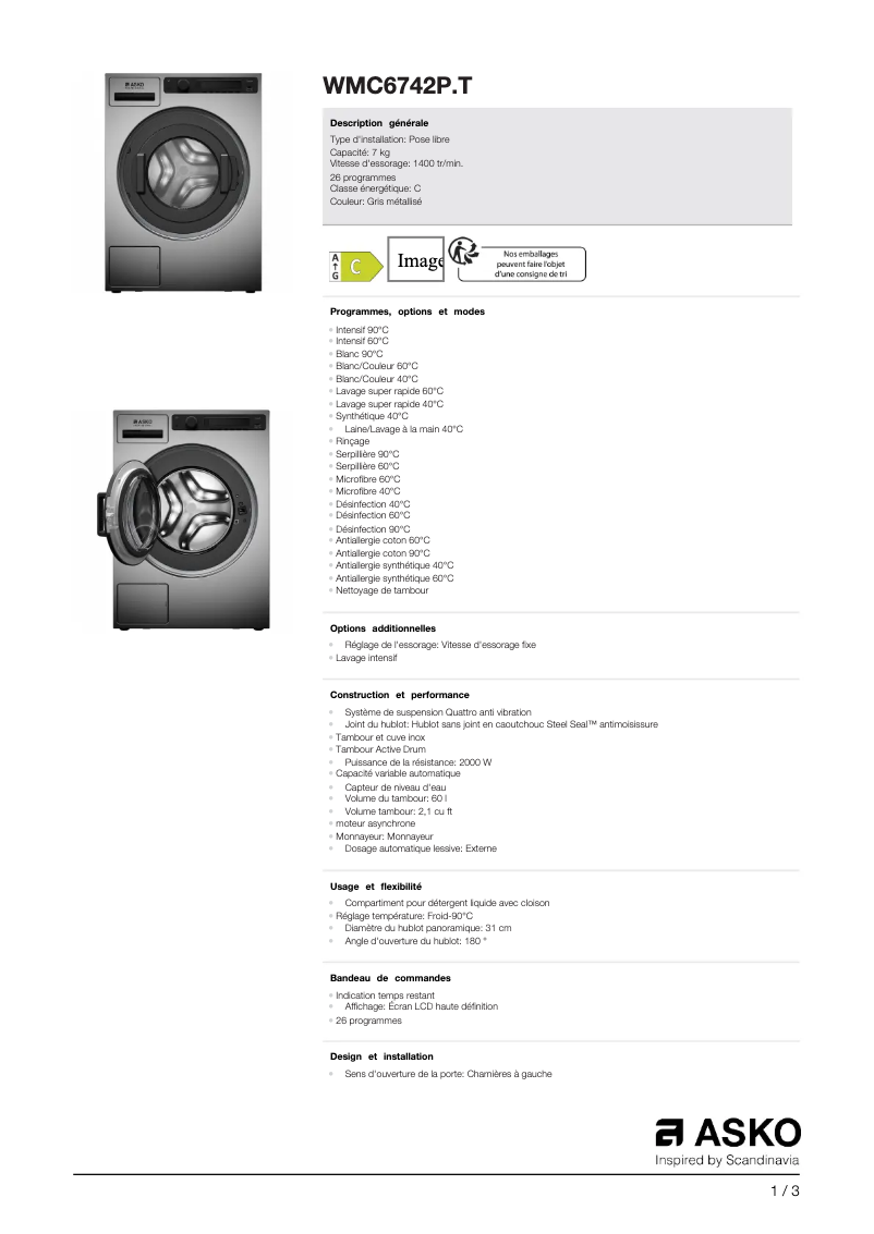 Page 1 de la notice Fiche technique Asko WMC6742P.T