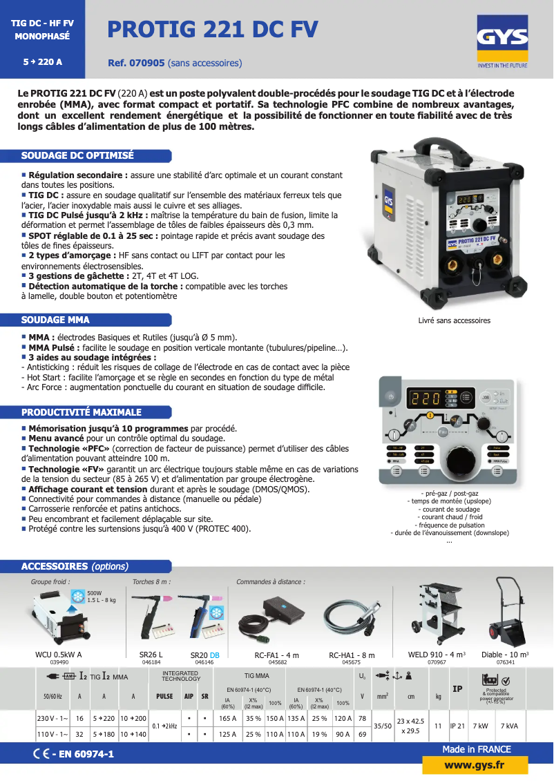 Page n°1 - Fiche technique GYS Protig 221 DC FV