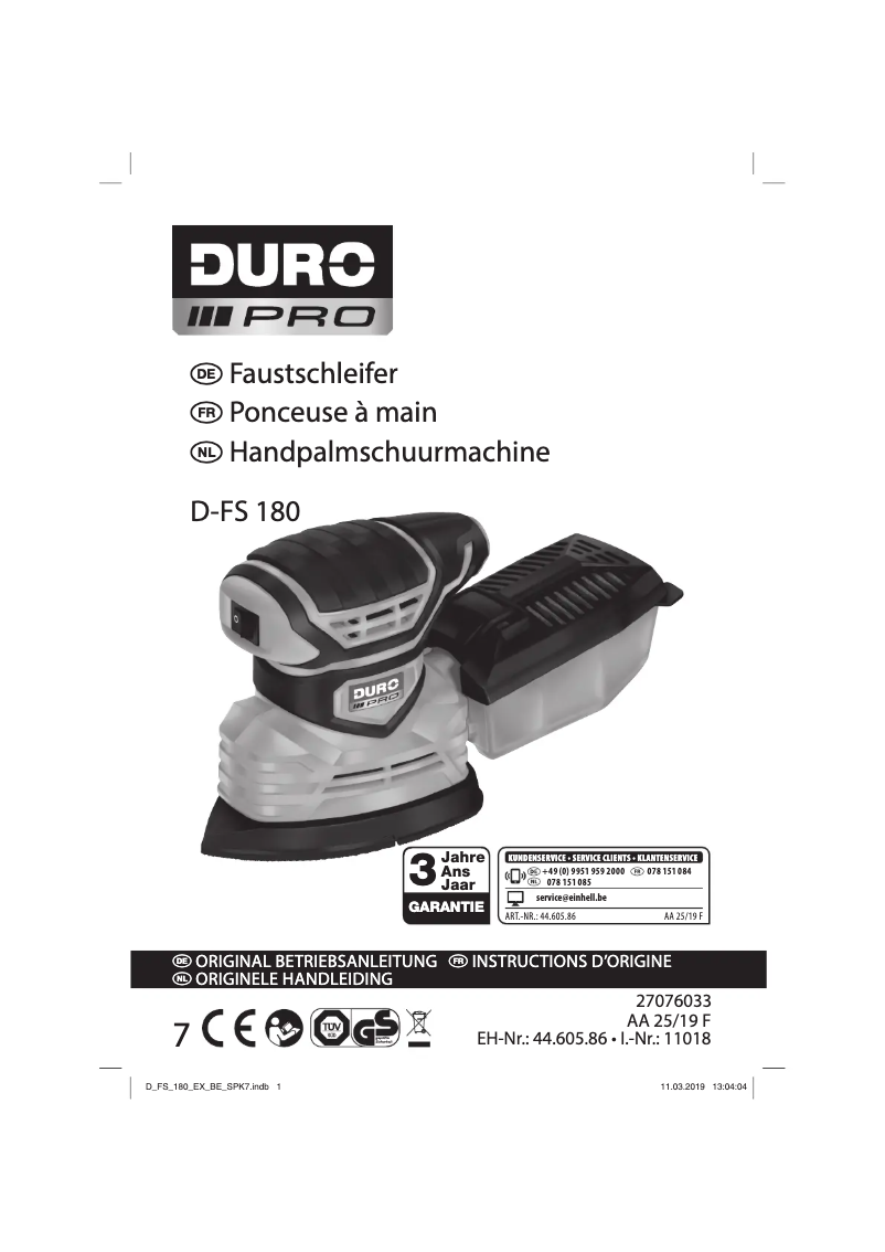 Page 1 de la notice Manuel utilisateur DURO PRO D-FS 180