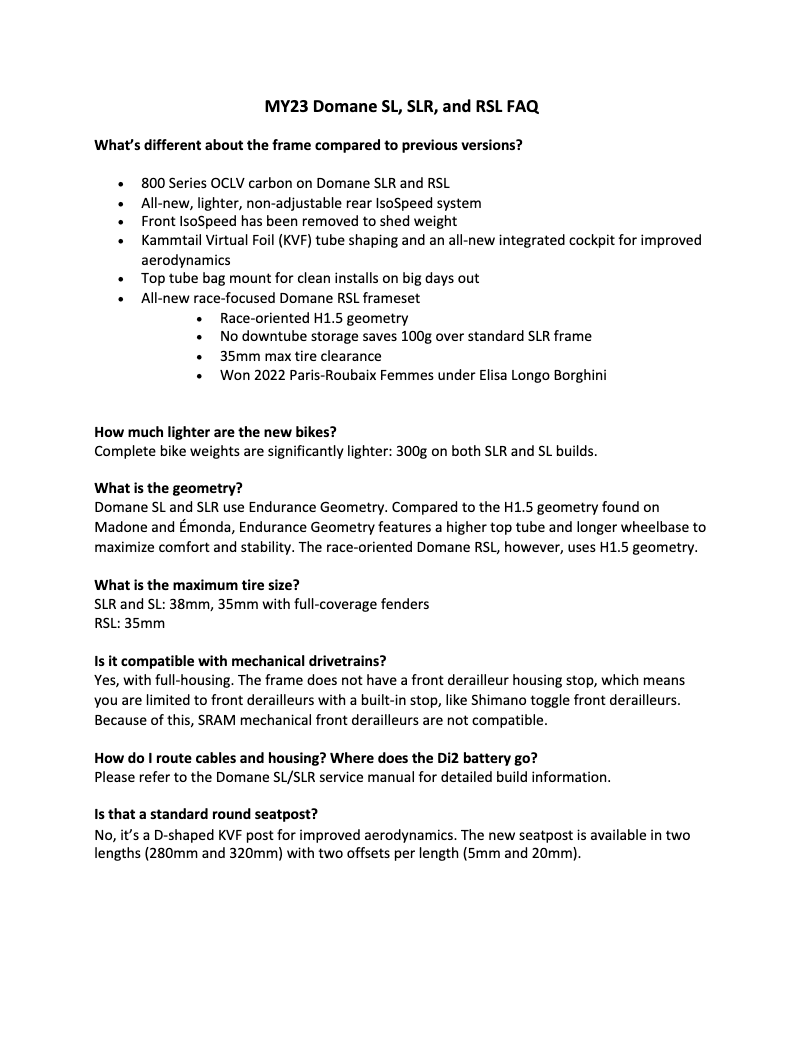 Page 1 de la notice FAQ Trek Domane SL 6 Gen 4