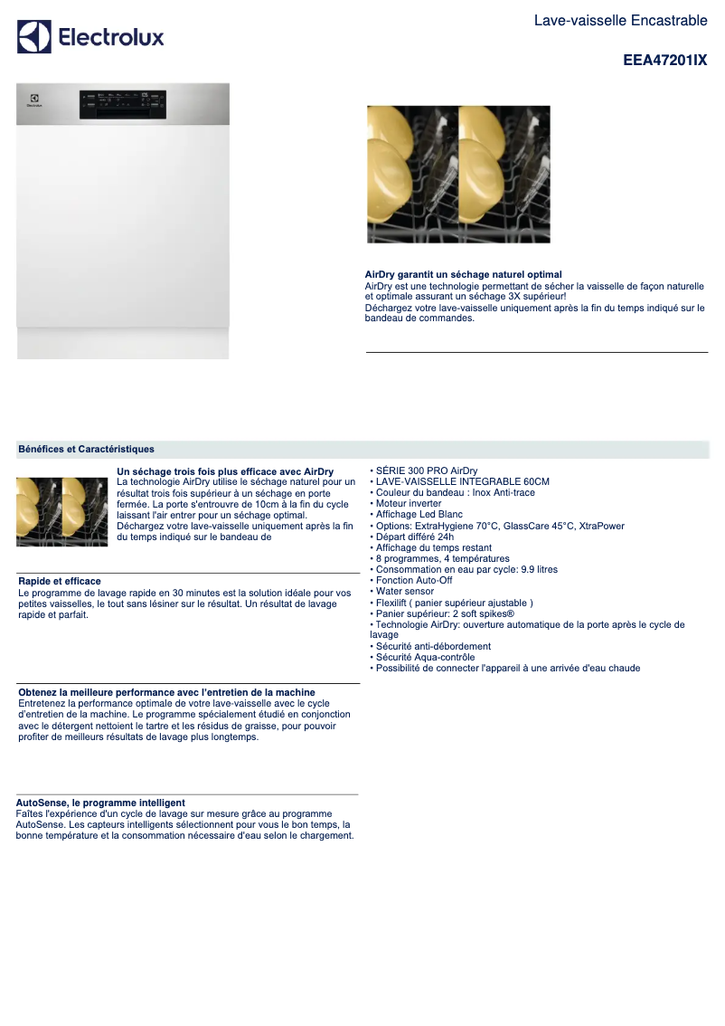 Page 1 de la notice Fiche technique Electrolux EEA47201IX
